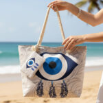Encore Handcrafted Evil Eye Print Tote Bag – Blue/White - Image 4