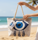 Encore Handcrafted Evil Eye Print Tote Bag – Blue/White - Image 4