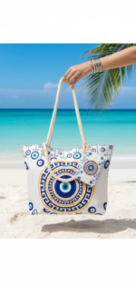 Encore Handcrafted Evil Eye Print Tote Bag – Blue/White - Image 4