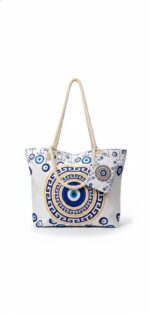 Encore Handcrafted Evil Eye Print Tote Bag – Blue/White