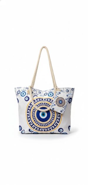 Encore Handcrafted Evil Eye Print Tote Bag – Blue/White