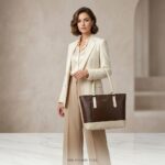 ENCORE LADIES HANDBAG 05- Classic Dual-Tone Tote (BROWN -BEIGE) - Image 4